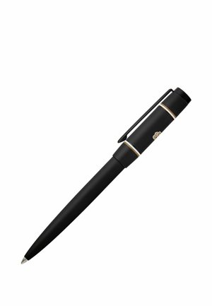 Stylo à bille noir avec garniture et clip dorés, présenté sur un fond blanc.