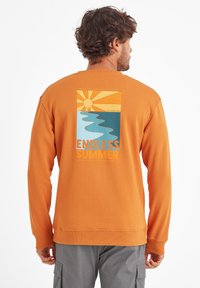 Orange sweatshirt with long sleeves, featuring a graphic print of a sun, river, and text "ENDLESS SUMMER" in bright colors on the back.