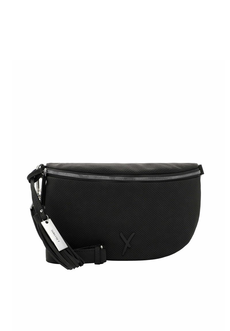 Borsa a tracolla nera in materiale perforato, con chiusura a zip, tracolla regolabile e superficie testurizzata con dettaglio del logo.