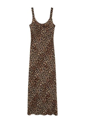 Robe sans manches à imprimé léopard, avec un décolleté dégagé, un tissu fluide et une silhouette longue et décontractée, offrant une texture légère et douce.
