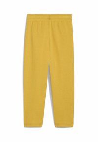 Gule bomulds-svedbukser med elastisk talje, der har et lige ben-design og afsluttede manchetter. Blød tekstur, ingen synlige mønstre.