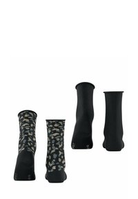 Chaussettes noires à chevilles avec imprimé léopard en beige, bleu et noir ; accompagnées de chaussettes noires unies mi-mollet, texture lisse et bords côtelés.