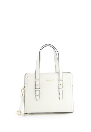 Bílá obdélníková kabelka s dvojitými rukojetmi, nastavitelným ramenním popruhem a zlatým kováním, na přední straně s logem "Venezia" uprostřed.