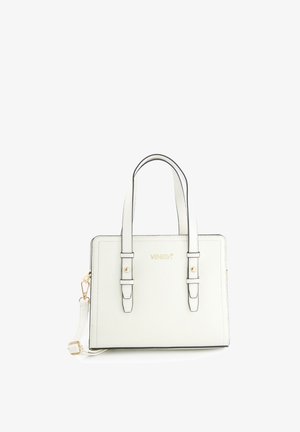 Bílá obdélníková kabelka s dvojitými rukojetmi, nastavitelným ramenním popruhem a zlatým kováním, na přední straně s logem "Venezia" uprostřed.