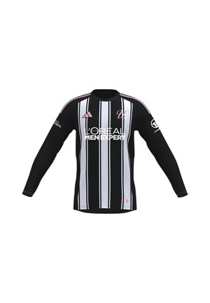 Schwarzes Sporttrikot mit langen Ärmeln, weißen vertikalen Streifen, pinken Logos und Sponsoren-Aufdruck "L'Oreal Men Expert" vorne.