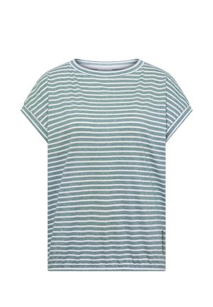 T-shirt à manches courtes rayé horizontalement vert et blanc, avec un col rond et des manches légèrement retroussées.