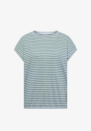 T-shirt à manches courtes rayé horizontalement vert et blanc, avec un col rond et des manches légèrement retroussées.