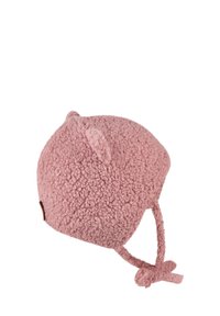 Pink textured toddler hat with ear flaps, small ears on top, and braided ties ending in a knot on a white background.