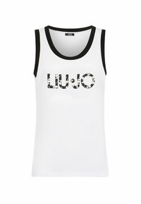 Débardeur blanc sans manches avec bordure de cou noir, arborant le nom de la marque "LIU·JO" en lettres embellies faites de pierres.