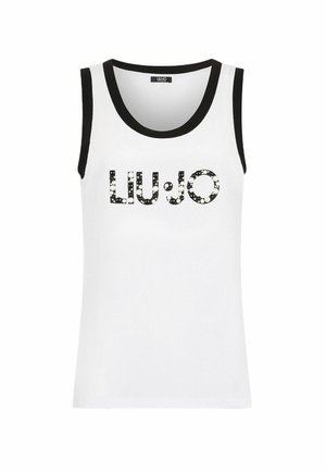 Canottiera bianca senza maniche con bordo del colletto nero, che presenta il nome del marchio "LIU·JO" in lettere decorate con pietre.