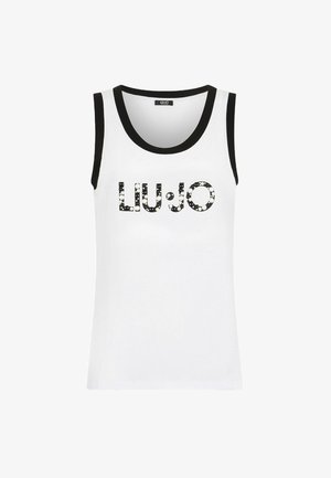 Débardeur blanc sans manches avec bordure de cou noir, arborant le nom de la marque "LIU·JO" en lettres embellies faites de pierres.