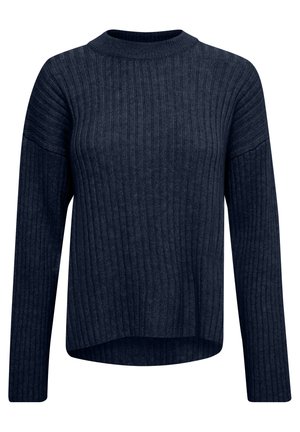 Pullover a coste blu navy con scollo a girocollo, maniche lunghe e orlo leggermente curvo, realizzato in un morbido tessuto dalla texture interessante.