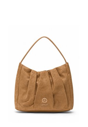 Borsa marrone strutturata con una singola maniglia e dettagli arricciati, con un piccolo logo metallico Lancetti al centro davanti.