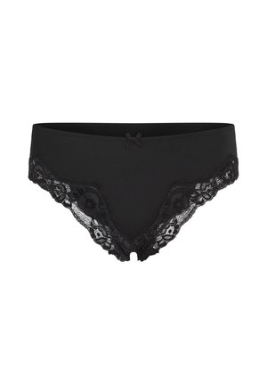 Zwarte dames bikini-onderbroek met bloemige kanten afwerking en een klein strikje in het midden van de tailleband aan de voorkant.