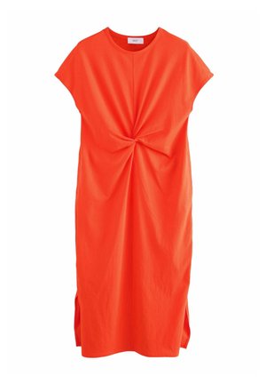 Robe en coton orange vif avec des manches courtes, présentant un détail noué à l'avant et des fentes sur les côtés pour une facilité de mouvement.