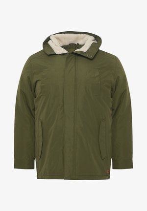 Giacca verde oliva con cappuccio foderato in sherpa, zip frontale, due tasche applicate e tessuto esterno liscio per calore e comfort.
