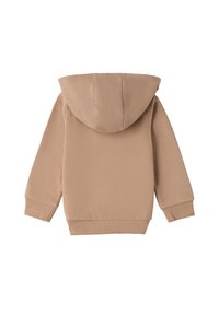 Hoodie beige avec une texture douce, poche kangourou frontale et poignets côtelés. Dispose d'une capuche avec double couture et d'un design sobre.