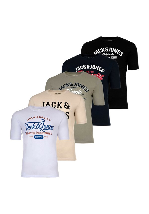 5ER PACK LEOGRA CREW NECK KURZARM RUNDHALS 
 LOGO  - Print T-shirt - schwarz weiß blau grün beige