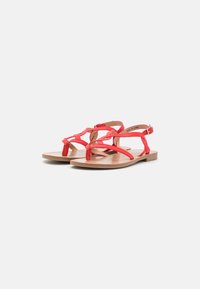 Par par flade sandaler med røde remme og en tan sål, med spænde-lukning og en toe thong design på en hvid baggrund.