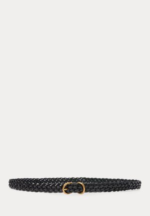 Ceinture en cuir tressé noire avec petite boucle ovale dorée, posée à plat sur un fond blanc.
