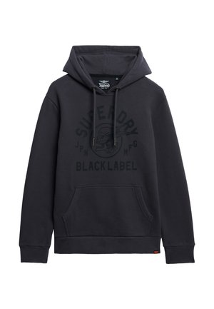 Donkergrijze hoodie van zachte stof met een zak aan de voorkant, verstelbare trekkoordcapuchon en een groot "Superdry Black Label" logo in het zwart.