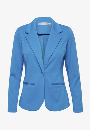 Royal blue blazer with a tailored fit, notch lapels, two front pockets, and a single button closure. Made from a smooth, stretchy fabric.