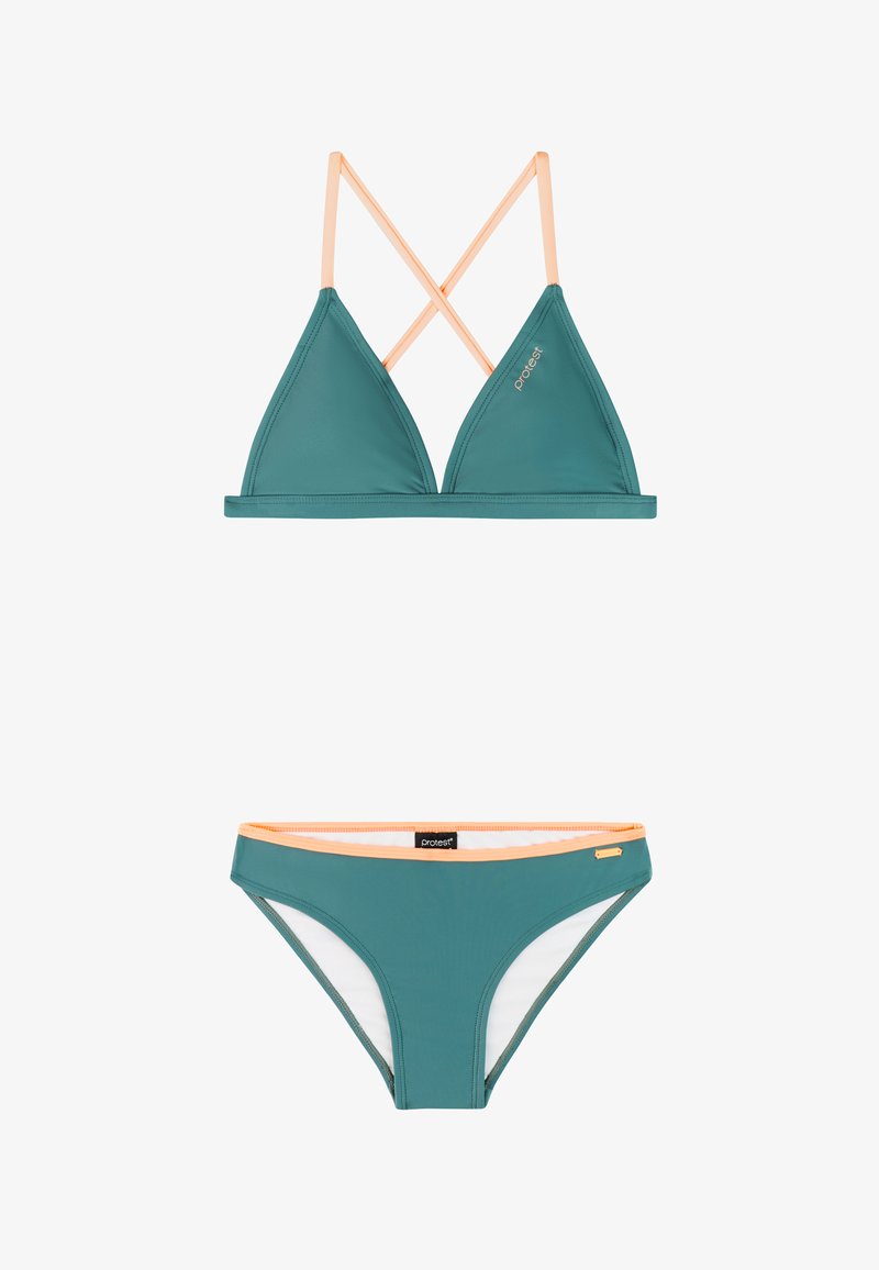 Türkisfarbener Bikini mit pfirsichfarbenem Besatz, Dreieck-Top mit gekreuzten Trägern und passende Low-Rise-Höschen mit Markenetiketten.