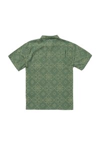 Kortärmad skjorta i olivgrön med ett geometriskt blommönster. Tillverkad av lättviktsmaterial, med krage och avslappnad passform.