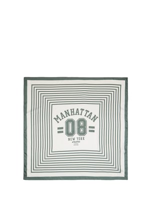 Quadratisches weißes Tuch mit grünen konzentrischen Rechtecken und dem Text „Manhattan 08 New York Athletics“ in der Mitte.