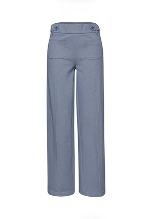 Pantalon bleu taille haute à jambes larges avec poches plaquées sur le devant et détails de boutons à la taille, adapté pour une tenue décontractée ou de bureau.