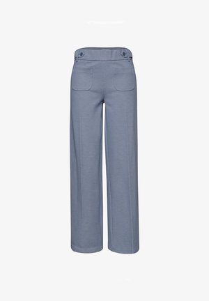 Modré kalhoty s vysokým pasem a širokými nohavicemi, s předními náprsními kapsami a knoflíkovými detaily v pase, vhodné pro každodenní nebo kancelářské nošení.