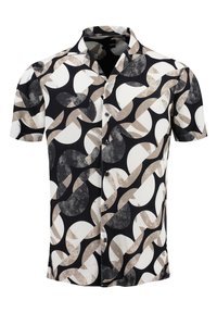 Camisa de manga corta con un patrón abstracto en tonos negro, blanco y beige, con un cuello clásico y diseño de botones en la parte delantera.