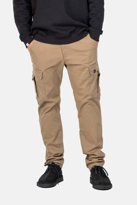 Beige Cargo-Hosen mit mehreren Seitentaschen, aus strapazierfähigem Baumwollmischgewebe gefertigt. Schmal zulaufende Passform mit leicht strukturiertem Finish.