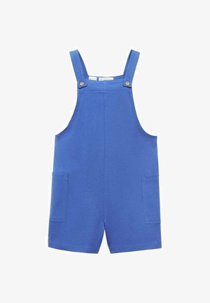 Blå bomuldsoveralls med skulderstropper, guldknapper, to sidelommer og en afslappet pasform, egnet til varmt vejr.
