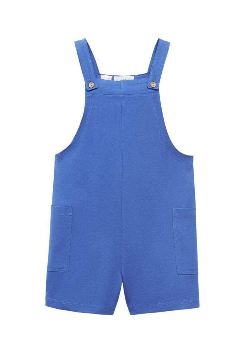 Sinisiä puuvillaisia haalareita, joissa on olkaimet, kultaiset napit, kaksi sivutaskua ja rento istuvuus, sopii lämpimälle säälle.