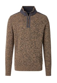 Bruine gebreide pullover met een kwart-rits kraag, textuurpatroon, contrasterende donkere schouderpanelen en ribgebreide mouwen en zoom.