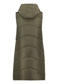 Olivgrön pufferväst med huva, prydd med ett chevronmönster i quilt och en slät, glansig yta. Knälång design.