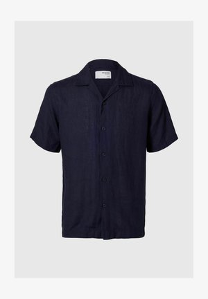 Kratak rukav, tamnoplava lanena košulja s ravnim rubom, klasičnom kragnom i prednjim kopčanjem na dugmad. Glatka tekstura i lagani dizajn.