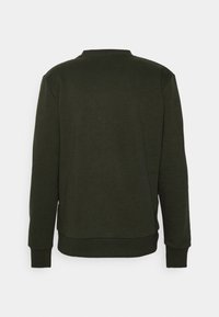 Felpa verde scuro con maniche lunghe, girocollo e polsini e orlo a costine. Il tessuto appare morbido con una texture liscia, senza loghi visibili.