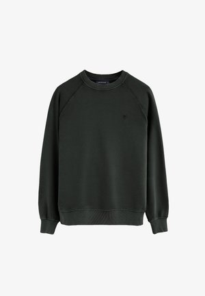 Dunkelgrünes Sweatshirt mit Rundhalsausschnitt und langen Ärmeln, gerippte Bündchen und Saum, dezentes gesticktes Logo auf der linken Brust.