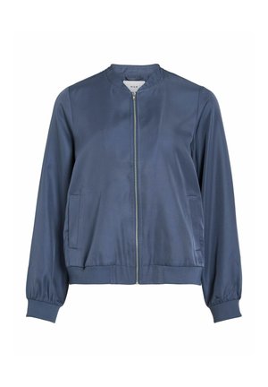 Chaqueta bomber azul marino de tejido suave, con cierre delantero de cremallera, puños acanalados y dos bolsillos laterales. Diseño de cuello redondo simple.