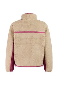 Beige fleece jacket with purple trim visible on sides, back yoke, and hem, shown from the back with high collar and long sleeves.
