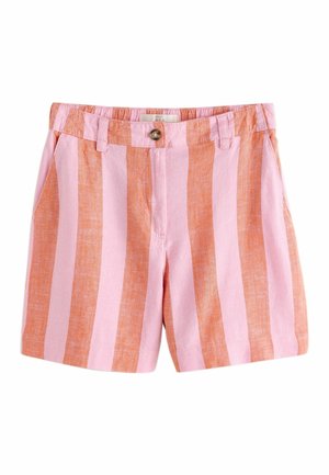 Shorts taille haute avec rayures verticales rose et orange, fermeture à boutons, passants pour ceinture et poches avant.