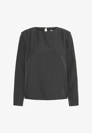 Tamsiai pilkas ilgomis rankovėmis palaidinė su vertikaliomis baltomis juostelėmis, apvaliu apykaklės iškirpimu ir atvira detale nugaros dalyje. Švelni medžiaga, su laisvu siluetu.