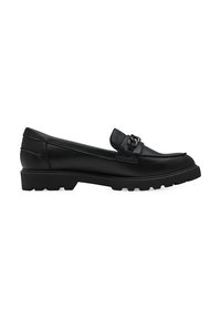 Fekete bőr loafer cipők lapos, bordázott gumitalppal. Dekoratív pánt és fémes kiegészítő jellemzi őket. Elegáns, letisztult formájúak.