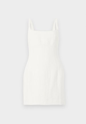 Rochie mini albă, decoltată fără mâneci, cu croială strânsă, decolteu pătrat și detalii cu cusături verticale, afișată pe un fundal simplu, deschis la culoare.