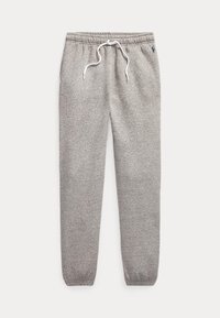 Svetlosivé tepláky s elastickým pásom a bielym sťahovacím šnúrkou, elastickými manžetami a malým modrým vyšivaným logom na boku.