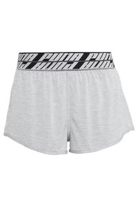 Ljusgrå shorts med svart elastisk midja som har "PUMA"-logotypen i vitt, tillverkade av ett mjukt och stretchigt material.