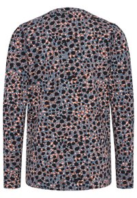 Langarm-Shirt aus weichem Material mit einem blauen Hintergrund und einem schwarz-pinken, abstrakten Punktmuster; runder Hals; lockere Passform.