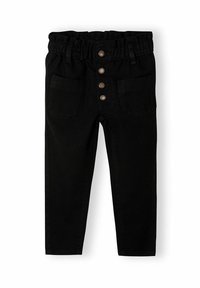 Czarne dżinsy z elastycznym pasem, zapięciem na pięć guzików i dwoma przednimi kieszeniami. Gładka tekstura; dopasowany krój.